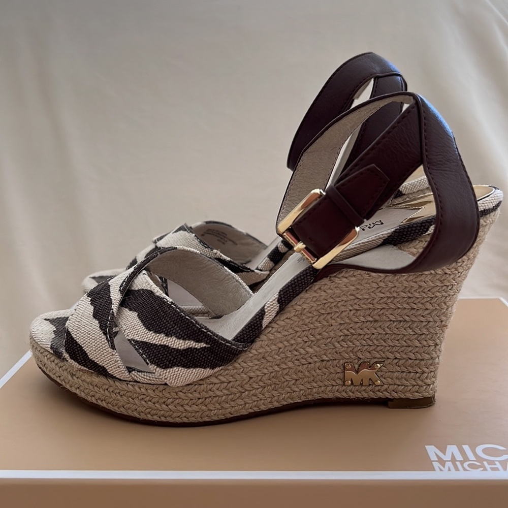 MICHAEL Michael Kors Beige and Dark Brown Wedge Sandals - Picture 4 of 10